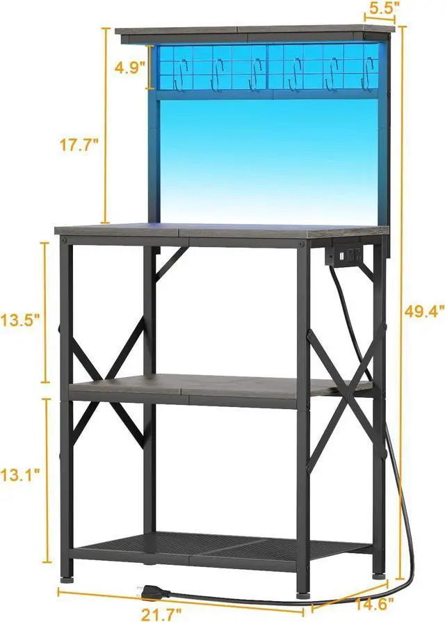 Alt view image 3 of 7 - Furologee Bakers Rack with Power Outlet and LED Light, Small Coffee Bar Station with 4 Tier Shelves, Microwave Stand Table with 6 S Hooks, Kitchen Storage Rack for Spices, Pots, Black Oak
