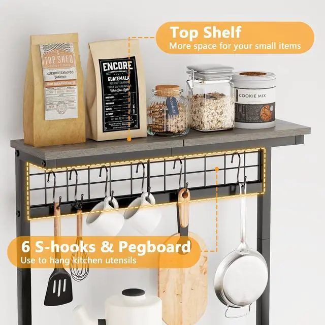 Alt view image 5 of 7 - Furologee Bakers Rack with Power Outlet and LED Light, Small Coffee Bar Station with 4 Tier Shelves, Microwave Stand Table with 6 S Hooks, Kitchen Storage Rack for Spices, Pots, Black Oak