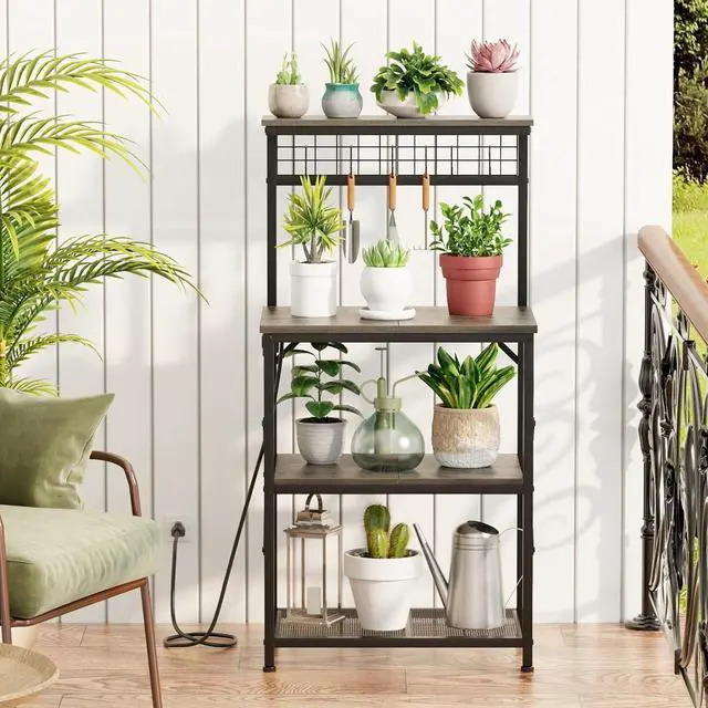 Alt view image 7 of 7 - Furologee Bakers Rack with Power Outlet and LED Light, Small Coffee Bar Station with 4 Tier Shelves, Microwave Stand Table with 6 S Hooks, Kitchen Storage Rack for Spices, Pots, Black Oak