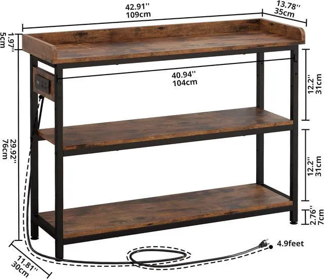 Alt view image 3 of 7 - IRONCK Console Table, Sofa Table with Power Outlet, Farmhouse Hallway Table for Entryway, Living Room, Height Adjustable, Easy Assembly, Rustic Brown, 43"