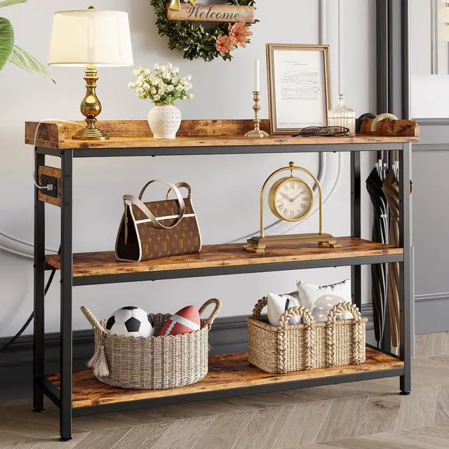 Alt view image 2 of 7 - IRONCK Console Table, Sofa Table with Power Outlet, Farmhouse Hallway Table for Entryway, Living Room, Height Adjustable, Easy Assembly, Rustic Brown, 43"