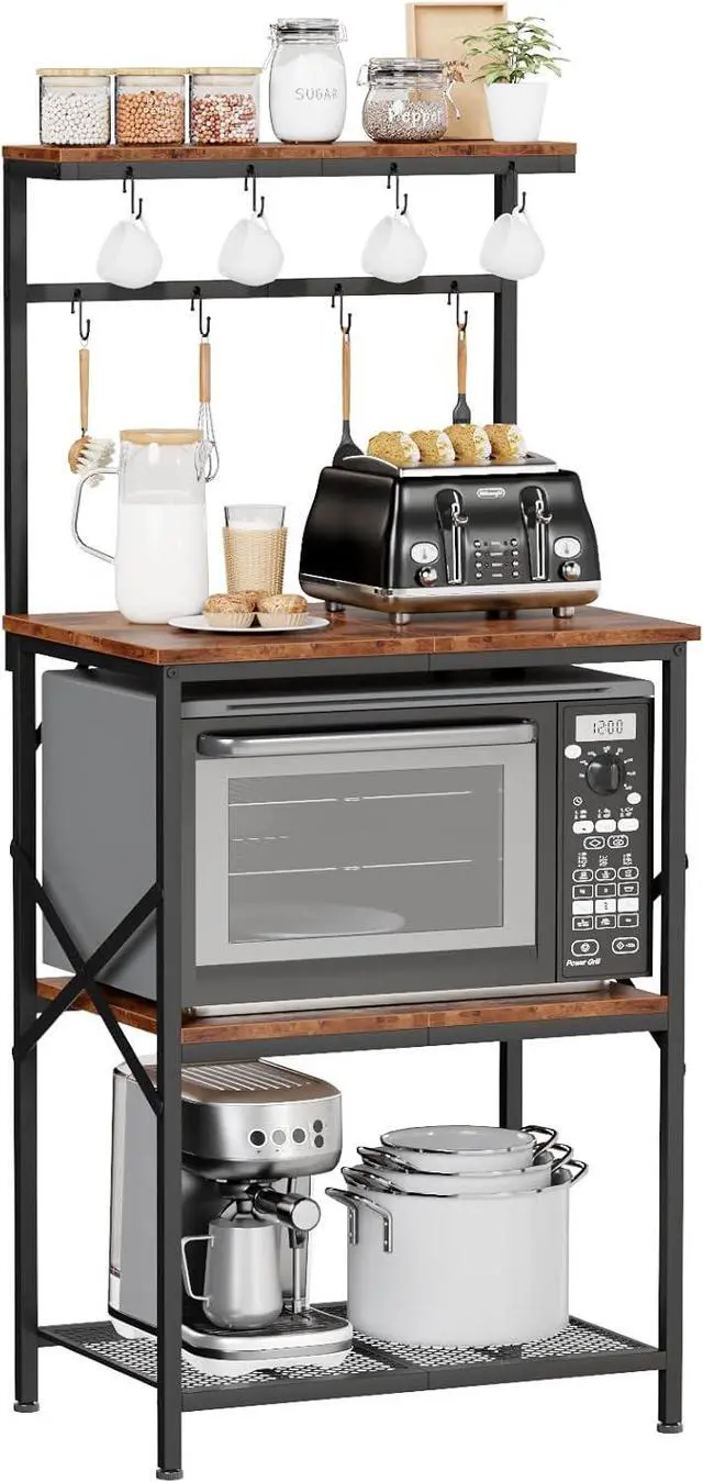 Main image of Kitchen Bakers Rack with Storage Shelves, Small Coffee Bar Table with 8 Hooks, 4 Tiers Microwave Stand Station with Adjustable Shelves, Freestanding Kitchen Appliance Organizer, Rustic Brown