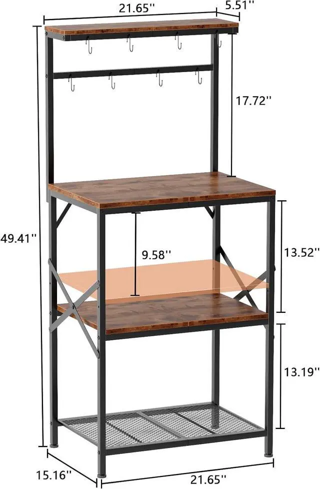 Alt view image 2 of 7 - Kitchen Bakers Rack with Storage Shelves, Small Coffee Bar Table with 8 Hooks, 4 Tiers Microwave Stand Station with Adjustable Shelves, Freestanding Kitchen Appliance Organizer, Rustic Brown