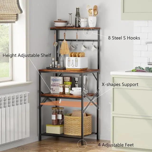 Alt view image 3 of 7 - Kitchen Bakers Rack with Storage Shelves, Small Coffee Bar Table with 8 Hooks, 4 Tiers Microwave Stand Station with Adjustable Shelves, Freestanding Kitchen Appliance Organizer, Rustic Brown