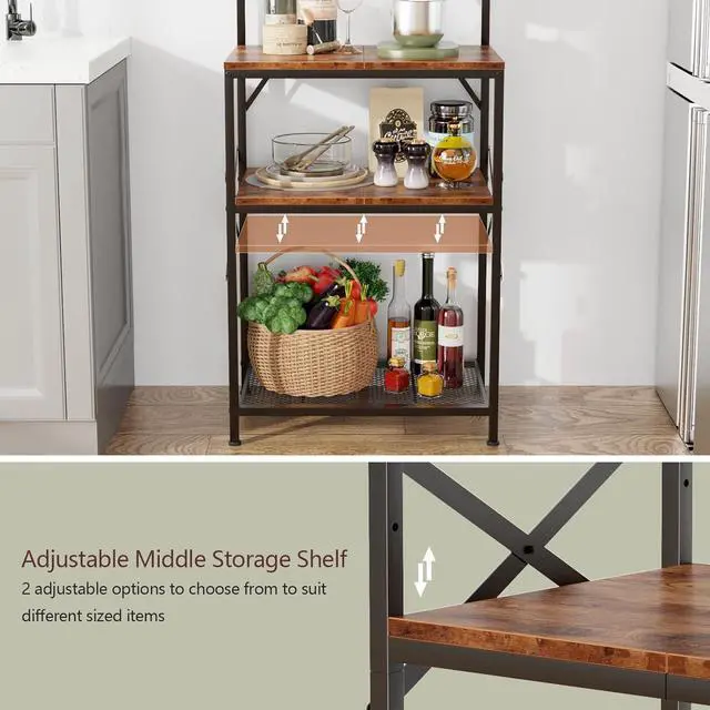 Alt view image 5 of 7 - Kitchen Bakers Rack with Storage Shelves, Small Coffee Bar Table with 8 Hooks, 4 Tiers Microwave Stand Station with Adjustable Shelves, Freestanding Kitchen Appliance Organizer, Rustic Brown
