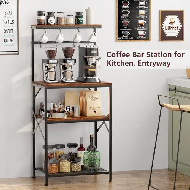 Alt view image 6 of 7 - Kitchen Bakers Rack with Storage Shelves, Small Coffee Bar Table with 8 Hooks, 4 Tiers Microwave Stand Station with Adjustable Shelves, Freestanding Kitchen Appliance Organizer, Rustic Brown