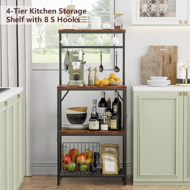 Alt view image 7 of 7 - Kitchen Bakers Rack with Storage Shelves, Small Coffee Bar Table with 8 Hooks, 4 Tiers Microwave Stand Station with Adjustable Shelves, Freestanding Kitchen Appliance Organizer, Rustic Brown