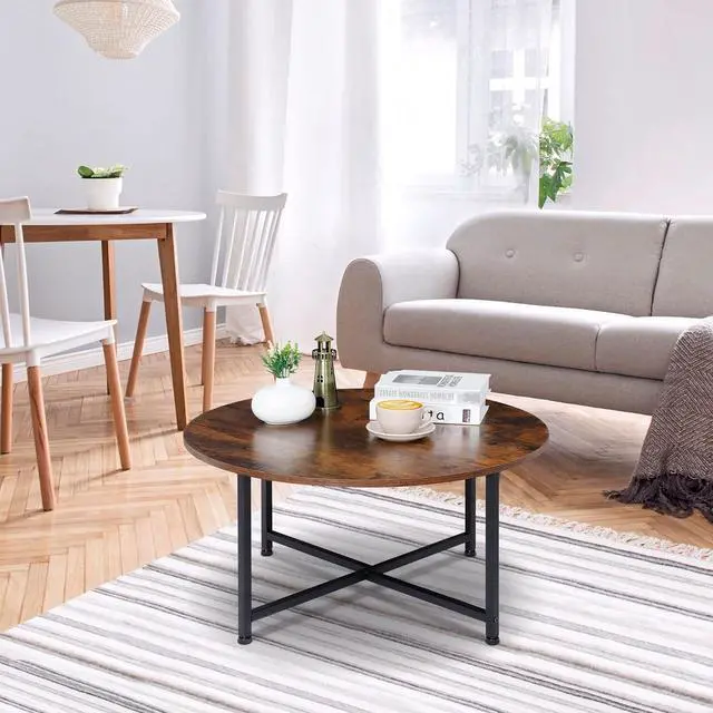 Alt view image 2 of 7 - SUPER DEAL Round Coffee Tables w/ 32 Inch Rustic Wooden Surface Top and Sturdy Metal Legs Industrial Cocktail Table for Living Room, Rustic Brown