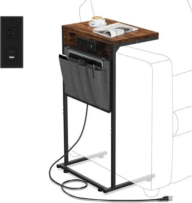 Main image of C Shaped End Table with Charging Station, Small Couch Side Table with Outlet and Storage Bag for Recliner, Slide Under Sofa Tray for Living Room, Bedroom, Rustic Brown