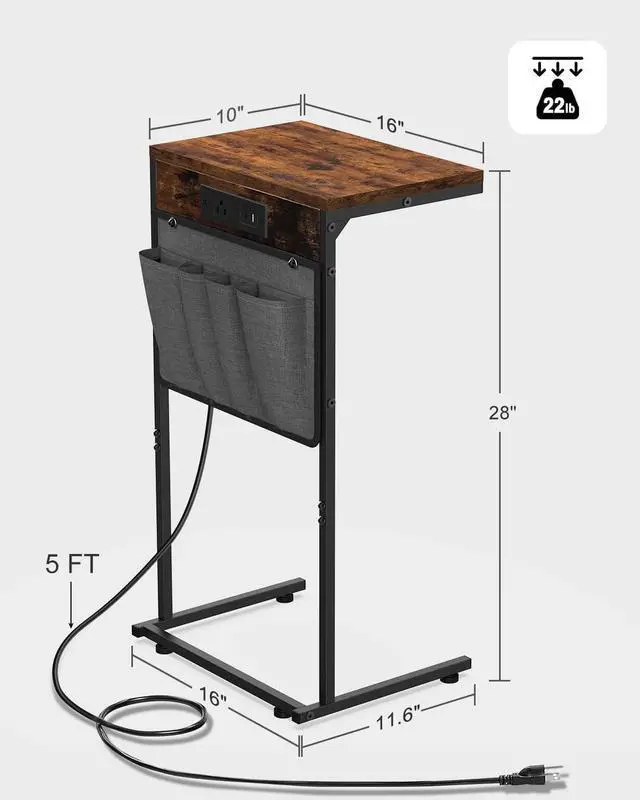 Alt view image 3 of 7 - C Shaped End Table with Charging Station, Small Couch Side Table with Outlet and Storage Bag for Recliner, Slide Under Sofa Tray for Living Room, Bedroom, Rustic Brown