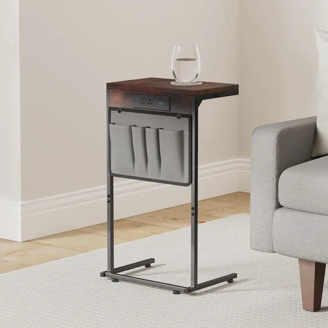 Alt view image 2 of 7 - C Shaped End Table with Charging Station, Small Couch Side Table with Outlet and Storage Bag for Recliner, Slide Under Sofa Tray for Living Room, Bedroom, Rustic Brown