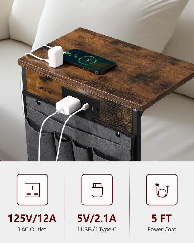 Alt view image 4 of 7 - C Shaped End Table with Charging Station, Small Couch Side Table with Outlet and Storage Bag for Recliner, Slide Under Sofa Tray for Living Room, Bedroom, Rustic Brown