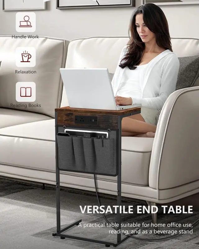 Alt view image 5 of 7 - C Shaped End Table with Charging Station, Small Couch Side Table with Outlet and Storage Bag for Recliner, Slide Under Sofa Tray for Living Room, Bedroom, Rustic Brown