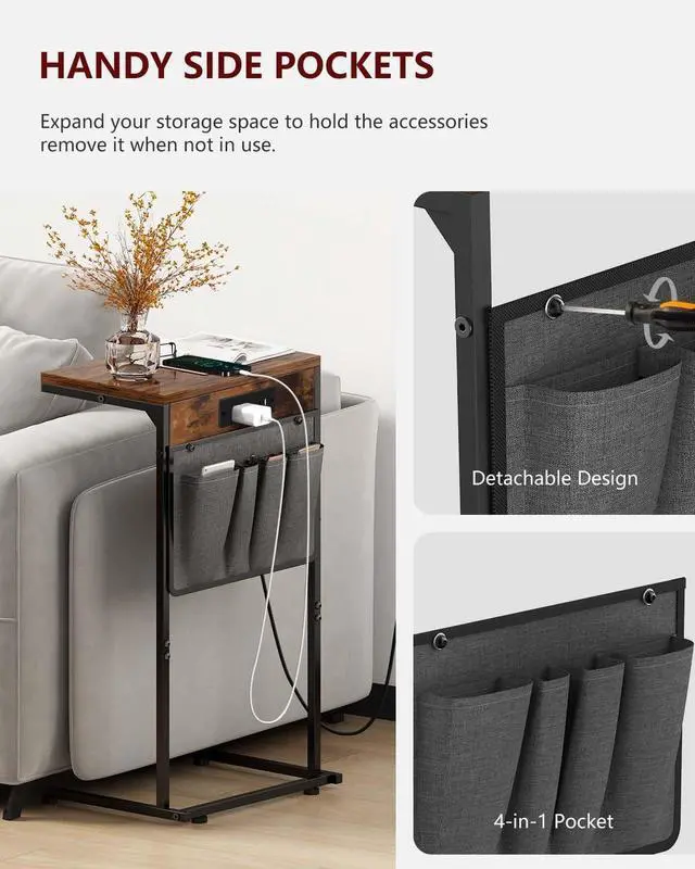Alt view image 6 of 7 - C Shaped End Table with Charging Station, Small Couch Side Table with Outlet and Storage Bag for Recliner, Slide Under Sofa Tray for Living Room, Bedroom, Rustic Brown