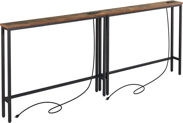 Main image of ELYKEN 2 Pack 5.9" Narrow Console Sofa Table with Power Outlets, 5.9" D x 39.4" W x 31.1" H Long Couch Table with Metal Frame and Charge Station with 6.5 Extension Cord, Rustic Brown