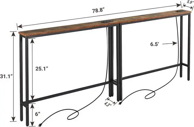 Alt view image 3 of 6 - ELYKEN 2 Pack 5.9" Narrow Console Sofa Table with Power Outlets, 5.9" D x 39.4" W x 31.1" H Long Couch Table with Metal Frame and Charge Station with 6.5 Extension Cord, Rustic Brown