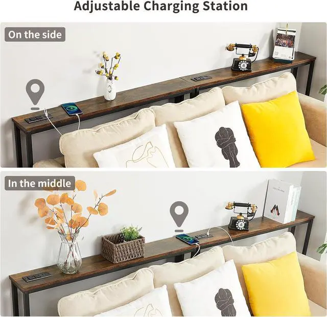 Alt view image 4 of 6 - ELYKEN 2 Pack 5.9" Narrow Console Sofa Table with Power Outlets, 5.9" D x 39.4" W x 31.1" H Long Couch Table with Metal Frame and Charge Station with 6.5 Extension Cord, Rustic Brown