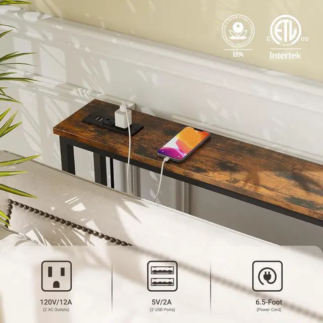 Alt view image 5 of 6 - ELYKEN 2 Pack 5.9" Narrow Console Sofa Table with Power Outlets, 5.9" D x 39.4" W x 31.1" H Long Couch Table with Metal Frame and Charge Station with 6.5 Extension Cord, Rustic Brown