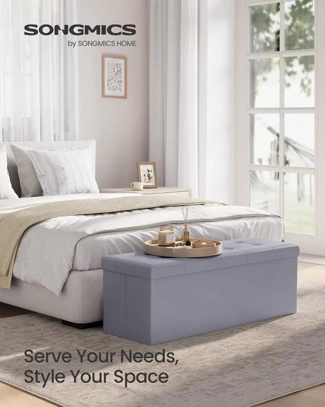 Alt view image 3 of 6 - SONGMICS MAZIE Collection - 43 Inches Folding Storage Ottoman Bench, Ottoman with Storage, Foot Rest Stool, Load 660 lb, for Living Room, Synthetic Leather, Light Gray ULSF70GY
