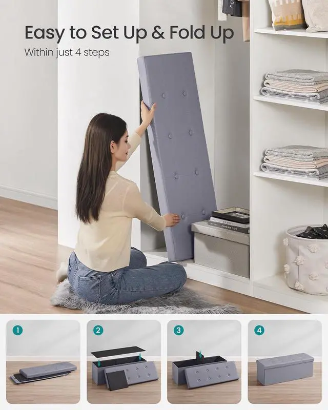 Alt view image 6 of 6 - SONGMICS MAZIE Collection - 43 Inches Folding Storage Ottoman Bench, Ottoman with Storage, Foot Rest Stool, Load 660 lb, for Living Room, Synthetic Leather, Light Gray ULSF70GY