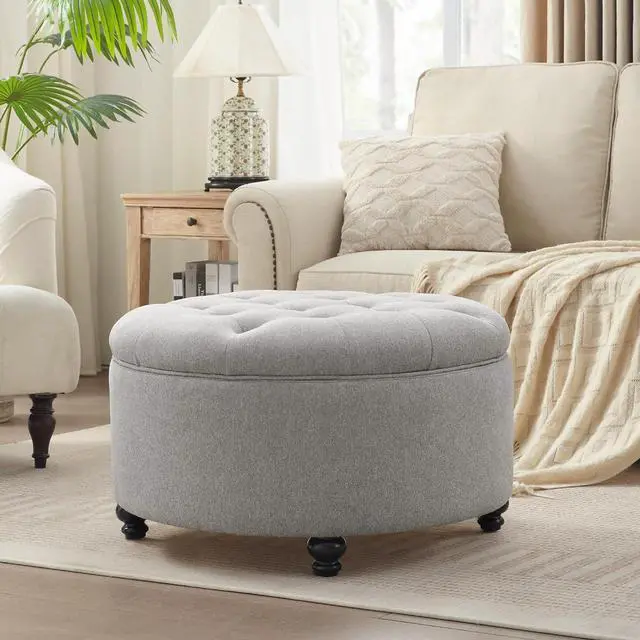 Main image of HUIMO 30-Inch Round Storage Ottoman, Modern Button Tufted Coffee Table with Removeable Top, Upholstered Ottoman with Storage Footrest Stool for Living Room, Bedroom and Office(Grey)