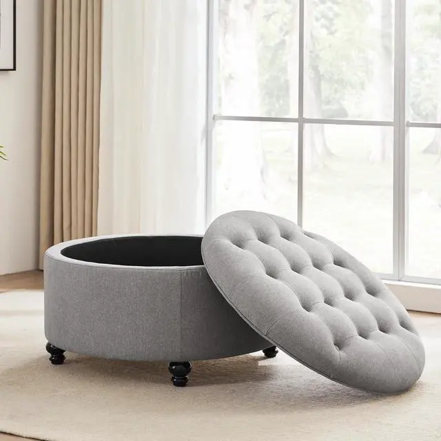 Alt view image 5 of 6 - HUIMO 30-Inch Round Storage Ottoman, Modern Button Tufted Coffee Table with Removeable Top, Upholstered Ottoman with Storage Footrest Stool for Living Room, Bedroom and Office(Grey)