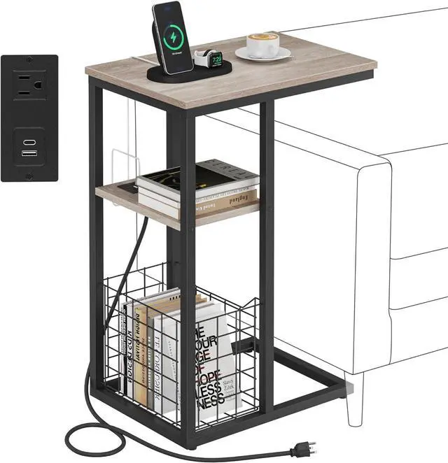 Main image of Vagusicc C Shaped End Table with Charging Station, Side Table for Couch, Small Side End Table for Small Spaces, 28" High Slide Under Sofa Table for Coffee, Tv Tray Table for Living Room, Greige