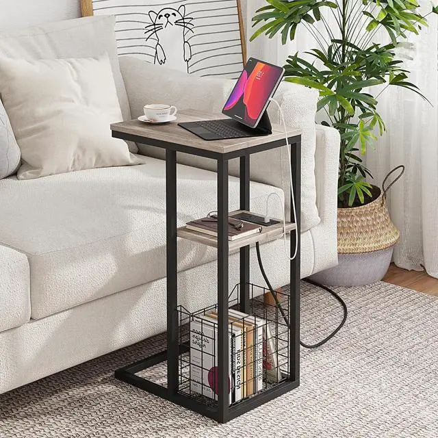 Alt view image 2 of 7 - Vagusicc C Shaped End Table with Charging Station, Side Table for Couch, Small Side End Table for Small Spaces, 28" High Slide Under Sofa Table for Coffee, Tv Tray Table for Living Room, Greige