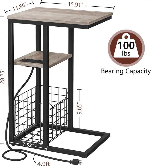 Alt view image 3 of 7 - Vagusicc C Shaped End Table with Charging Station, Side Table for Couch, Small Side End Table for Small Spaces, 28" High Slide Under Sofa Table for Coffee, Tv Tray Table for Living Room, Greige
