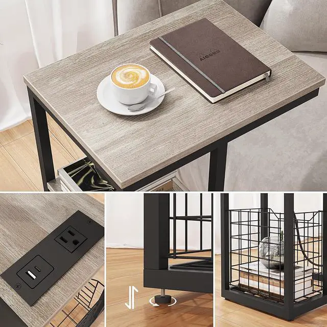 Alt view image 4 of 7 - Vagusicc C Shaped End Table with Charging Station, Side Table for Couch, Small Side End Table for Small Spaces, 28" High Slide Under Sofa Table for Coffee, Tv Tray Table for Living Room, Greige