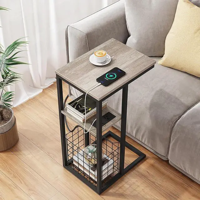 Alt view image 5 of 7 - Vagusicc C Shaped End Table with Charging Station, Side Table for Couch, Small Side End Table for Small Spaces, 28" High Slide Under Sofa Table for Coffee, Tv Tray Table for Living Room, Greige