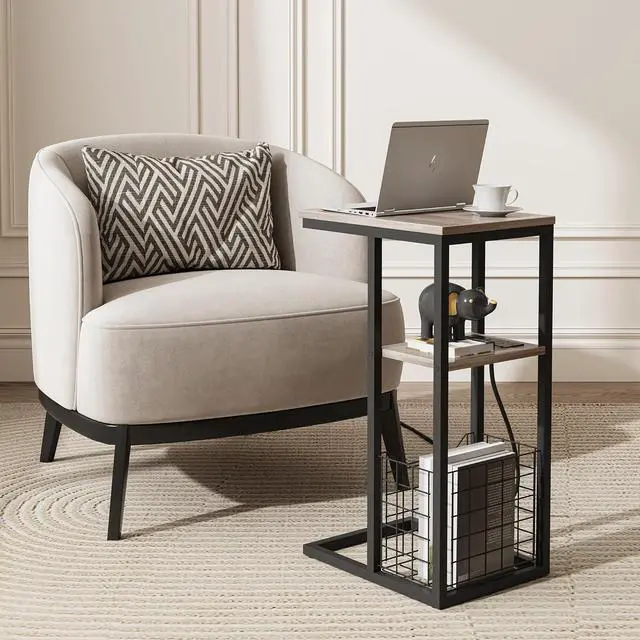 Alt view image 7 of 7 - Vagusicc C Shaped End Table with Charging Station, Side Table for Couch, Small Side End Table for Small Spaces, 28" High Slide Under Sofa Table for Coffee, Tv Tray Table for Living Room, Greige