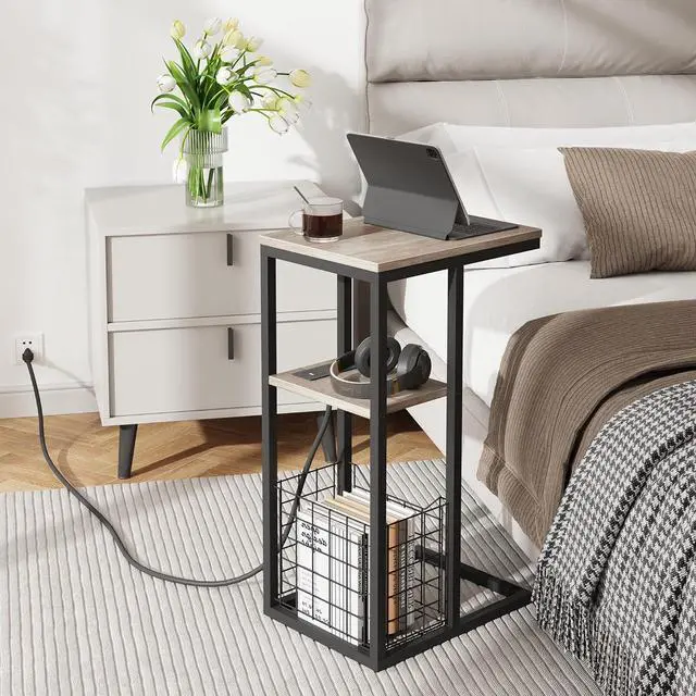 Alt view image 6 of 7 - Vagusicc C Shaped End Table with Charging Station, Side Table for Couch, Small Side End Table for Small Spaces, 28" High Slide Under Sofa Table for Coffee, Tv Tray Table for Living Room, Greige