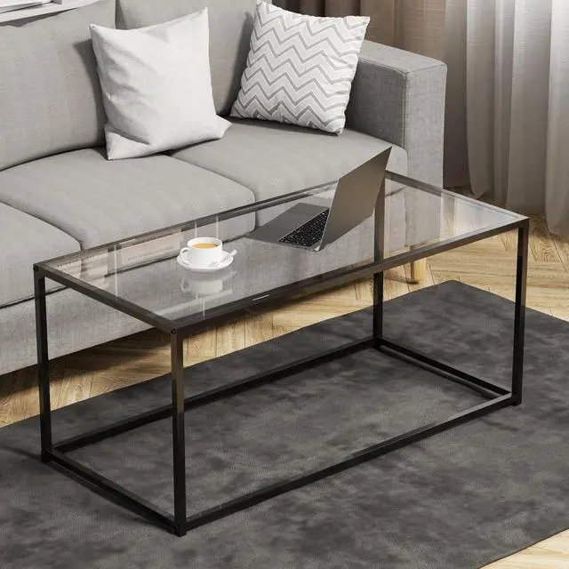 Main image of Glass Coffee Table Modern Center Table,Minimalist Coffee Table for Living Room,Tempered Glass-top with Sturdy Metal Frame, Easy Assembly,Black