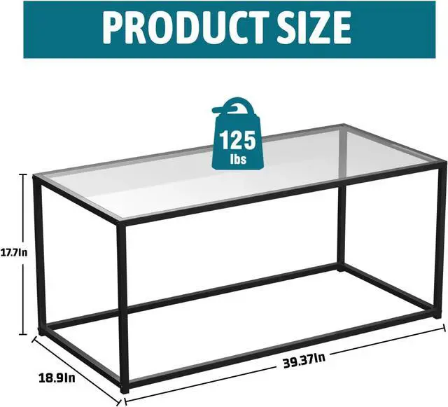 Alt view image 2 of 7 - Glass Coffee Table Modern Center Table,Minimalist Coffee Table for Living Room,Tempered Glass-top with Sturdy Metal Frame, Easy Assembly,Black
