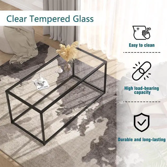 Alt view image 4 of 7 - Glass Coffee Table Modern Center Table,Minimalist Coffee Table for Living Room,Tempered Glass-top with Sturdy Metal Frame, Easy Assembly,Black