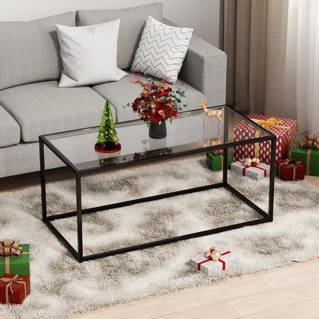 Alt view image 6 of 7 - Glass Coffee Table Modern Center Table,Minimalist Coffee Table for Living Room,Tempered Glass-top with Sturdy Metal Frame, Easy Assembly,Black