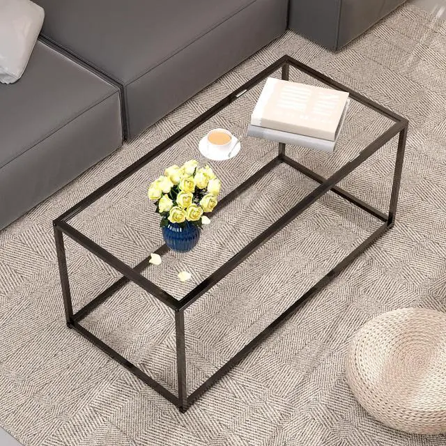 Alt view image 3 of 7 - Glass Coffee Table Modern Center Table,Minimalist Coffee Table for Living Room,Tempered Glass-top with Sturdy Metal Frame, Easy Assembly,Black