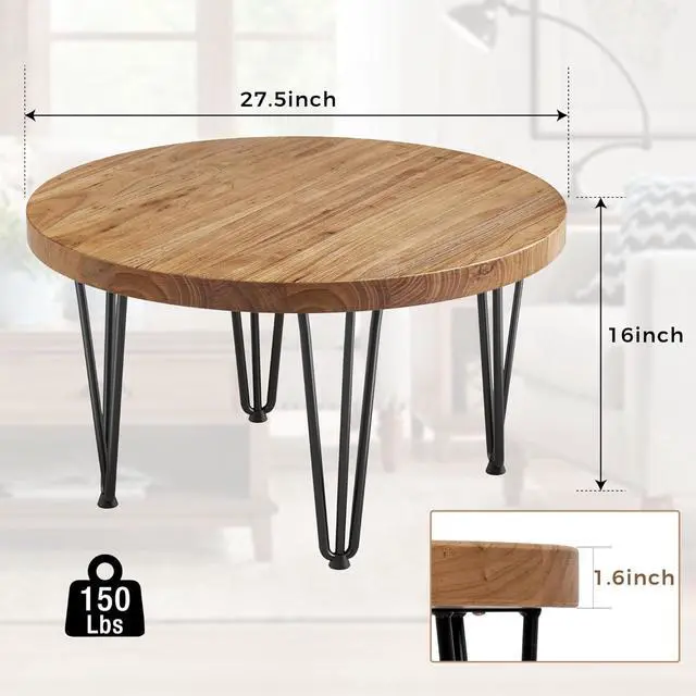Alt view image 2 of 7 - Rustic Wood Round Coffee Table with Metal Legs, Solid Elm Wood Top and Non-Slip Feet Pads - Farmhouse Style for Living Room, Natural