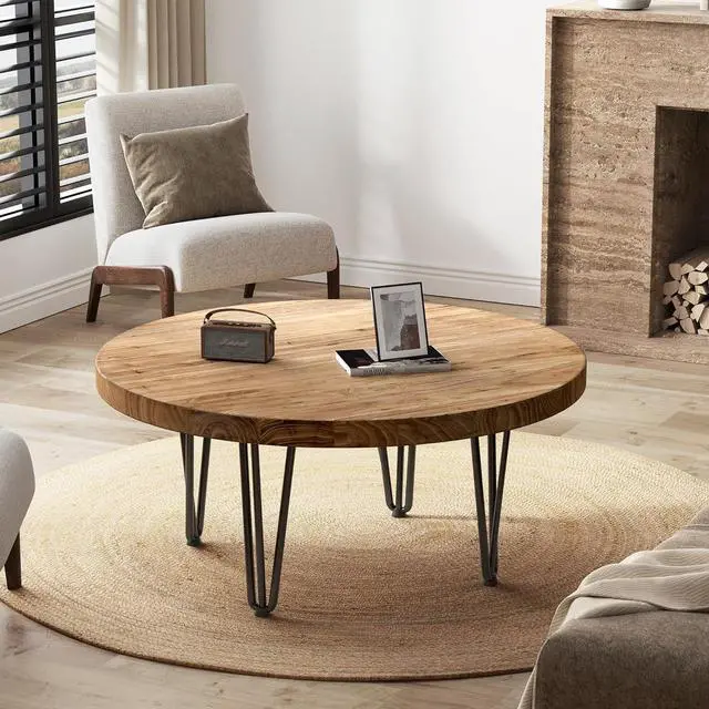 Alt view image 3 of 7 - Rustic Wood Round Coffee Table with Metal Legs, Solid Elm Wood Top and Non-Slip Feet Pads - Farmhouse Style for Living Room, Natural