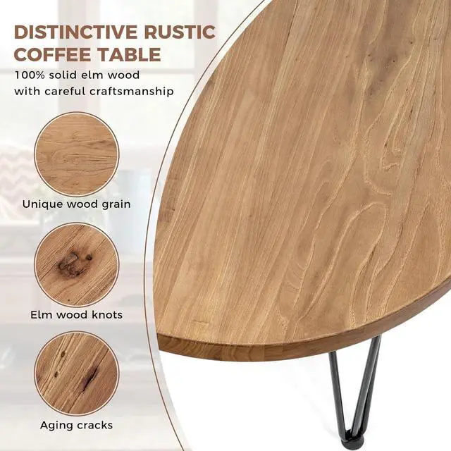 Alt view image 5 of 7 - Rustic Wood Round Coffee Table with Metal Legs, Solid Elm Wood Top and Non-Slip Feet Pads - Farmhouse Style for Living Room, Natural