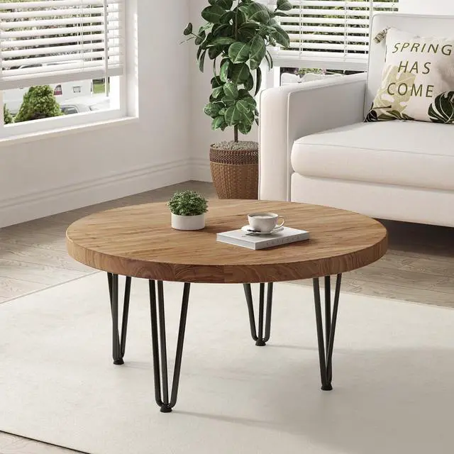 Main image of Rustic Wood Round Coffee Table with Metal Legs, Solid Elm Wood Top and Non-Slip Feet Pads - Farmhouse Style for Living Room, Natural