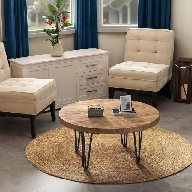 Alt view image 4 of 7 - Rustic Wood Round Coffee Table with Metal Legs, Solid Elm Wood Top and Non-Slip Feet Pads - Farmhouse Style for Living Room, Natural