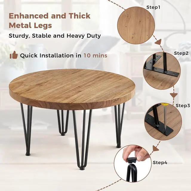 Alt view image 7 of 7 - Rustic Wood Round Coffee Table with Metal Legs, Solid Elm Wood Top and Non-Slip Feet Pads - Farmhouse Style for Living Room, Natural