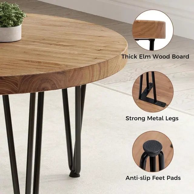 Alt view image 6 of 7 - Rustic Wood Round Coffee Table with Metal Legs, Solid Elm Wood Top and Non-Slip Feet Pads - Farmhouse Style for Living Room, Natural