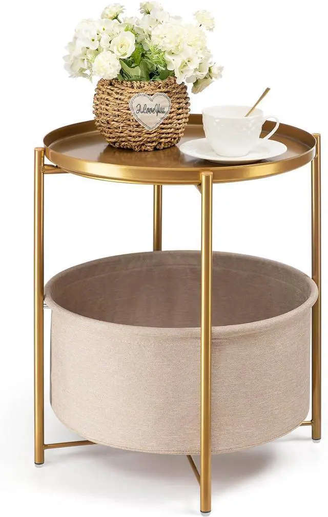 Main image of danpinera Round Side Table with Fabric Storage Basket, Metal Small Bedside Nightstand with Removable Tray Top for Living Room, Bedroom, Nursery, Laundry, Gold