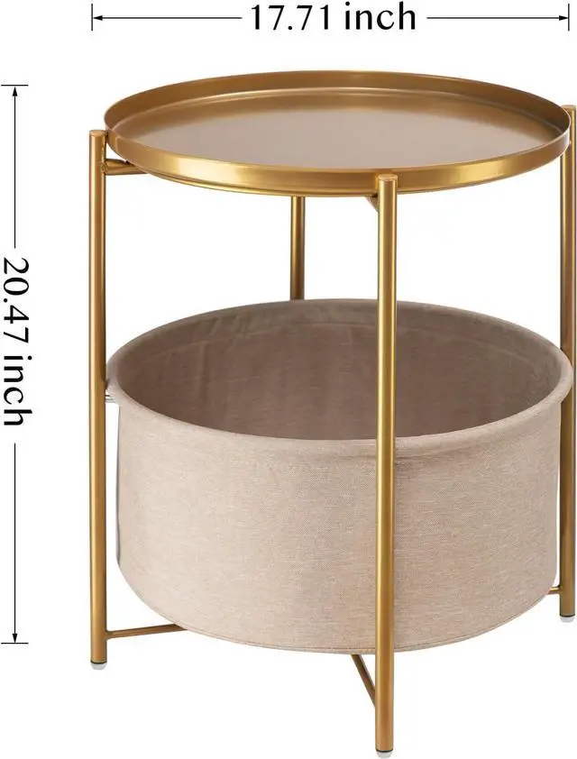 Alt view image 3 of 7 - danpinera Round Side Table with Fabric Storage Basket, Metal Small Bedside Nightstand with Removable Tray Top for Living Room, Bedroom, Nursery, Laundry, Gold