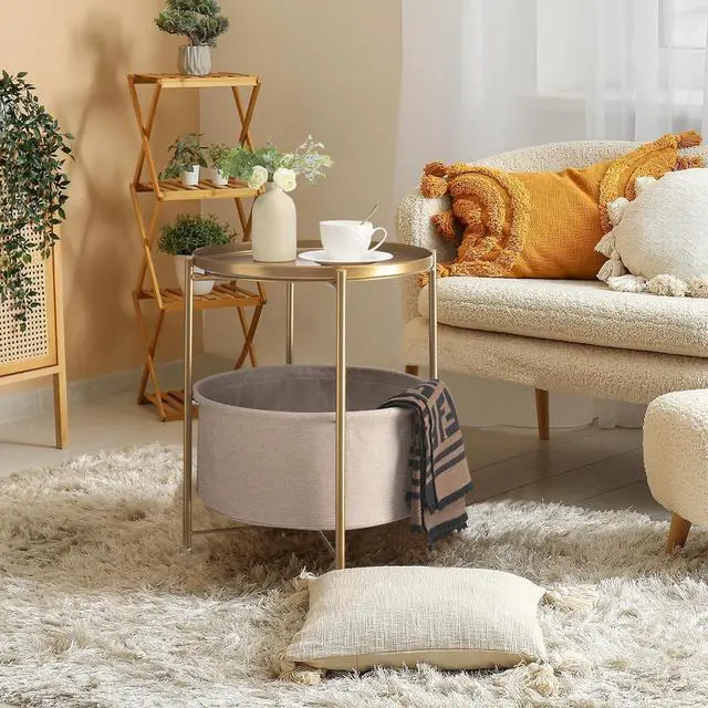 Alt view image 2 of 7 - danpinera Round Side Table with Fabric Storage Basket, Metal Small Bedside Nightstand with Removable Tray Top for Living Room, Bedroom, Nursery, Laundry, Gold