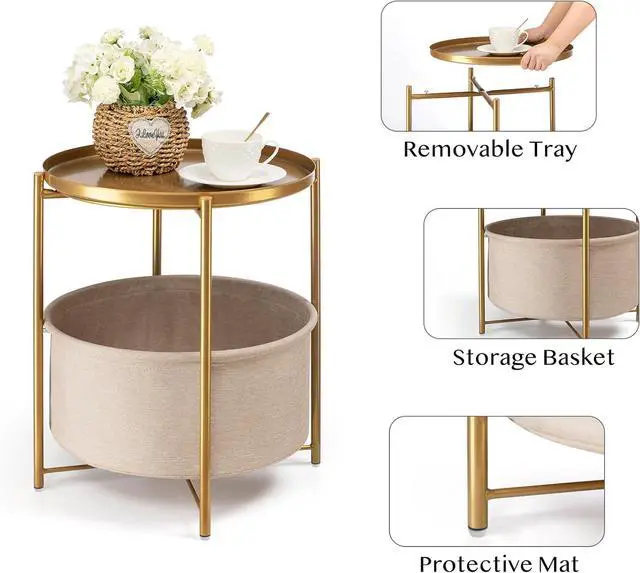 Alt view image 4 of 7 - danpinera Round Side Table with Fabric Storage Basket, Metal Small Bedside Nightstand with Removable Tray Top for Living Room, Bedroom, Nursery, Laundry, Gold