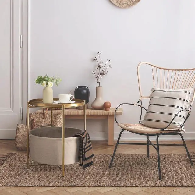 Alt view image 5 of 7 - danpinera Round Side Table with Fabric Storage Basket, Metal Small Bedside Nightstand with Removable Tray Top for Living Room, Bedroom, Nursery, Laundry, Gold